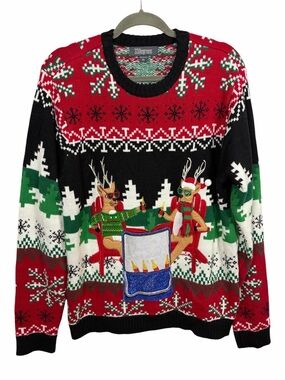 33 Degrees Men’s XL Ugly Christmas Sweater Reindeer Beer Drink Pocket